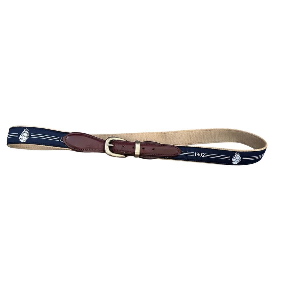YRI Ribbon Belt 1902 Nantucket Burgee Pattern Leather Brown Blue